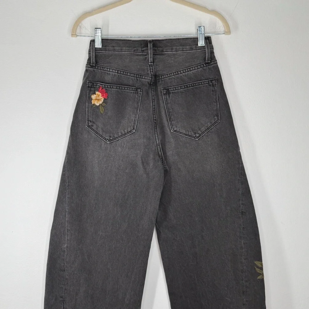 Driftwood Parker Barrel Jeans Faded Black Embroidered Floral Bee Butterfly 24 - Picture 6 of 16